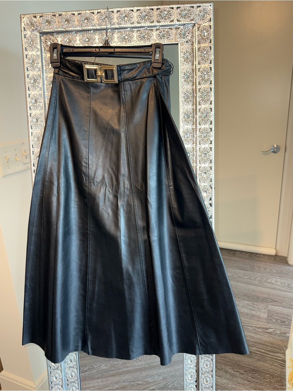 Zara Black Faux Leather A-Line Skirt with Buckle Belt